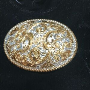 Crumrine bronze and silver scrolled Belt Buckle